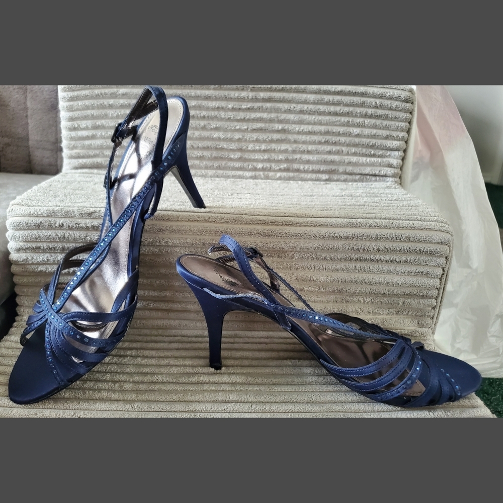Blue Satin w Gemstone Ankle-strap Heels, Worn Once